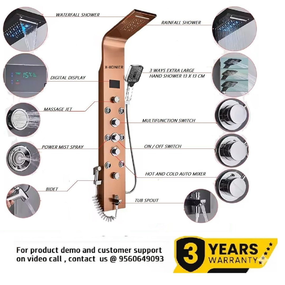 X-Xonier Stainless Steel 304 grade Shower Panel System with Rainfall & more (8001) | 7in1