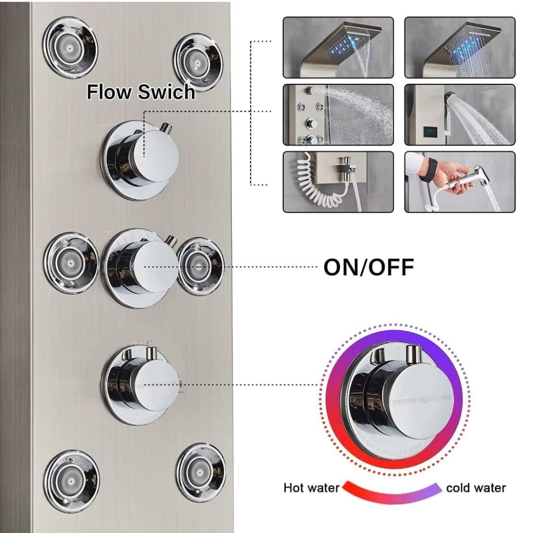 X-Xonier Stainless Steel 304 grade Shower Panel System with Rainfall & more (8001) | 7in1