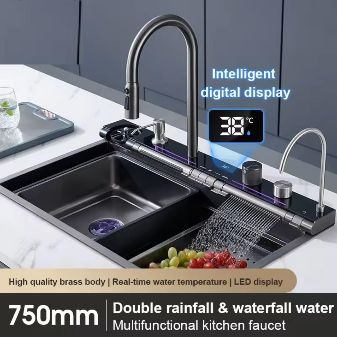 X-XONIER Smart Dual Waterfall Kitchen Sink 304 Grade Stainless Steel With Temperature Display Led Panel Pulldown Faucet Honeycomb Nano Black 30 X 20 10