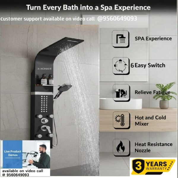 X-XONIER 304 Grade Stainless Steel Shower Panel 6 in 1 Shower System Handshower with Waterfall Outlet Tub Spout Body Massage Spray With Hot &cold Mixer Black