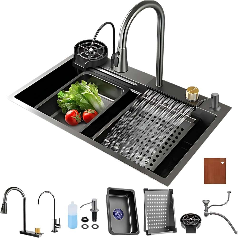 X-XONIER 304 SS Honeycomb Sink, Single Bowl, Pullout 3-Mode Tap, Cup Washer, Multipurpose, 30x20x9 (SN03 7 Sink)