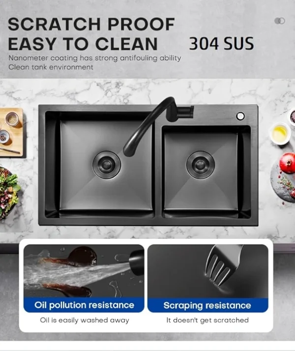 X-XONIER 304 Double Bowl Sink with Pull-down Faucet, Soap Dispenser & Tray, Nano Coating - Image 6