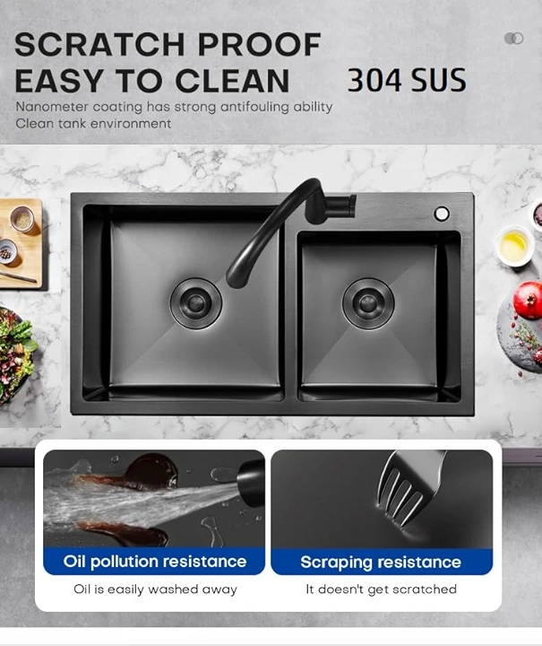 X-XONIER 304 Double Bowl Sink with Pull-down Faucet, Soap Dispenser & Tray, Nano Coating - Image 6