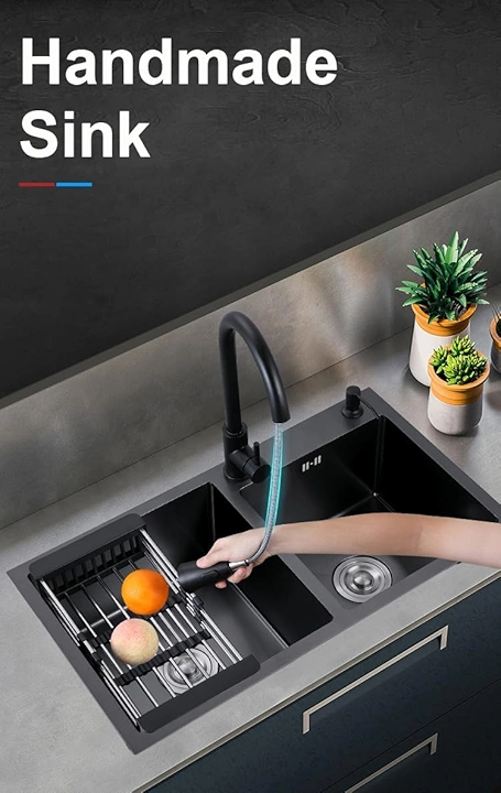 X-XONIER 304 Double Bowl Sink with Pull-down Faucet, Soap Dispenser & Tray, Nano Coating - Image 5
