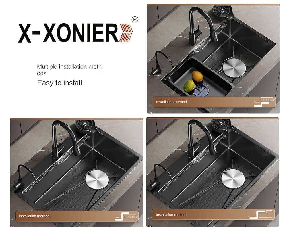 X-XONIER 304 Double Bowl Sink with Pull-down Faucet, Soap Dispenser & Tray, Nano Coating - Image 3