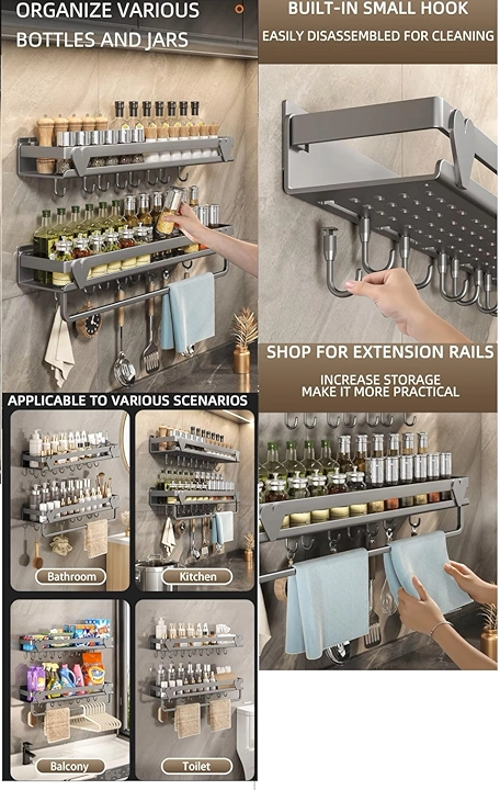 X-XONIER 304 SS Kitchen Bathroom Wall Mount Spice Rack Organizer 60cm Space-Saving Shelf, Set of 2 - Image 4