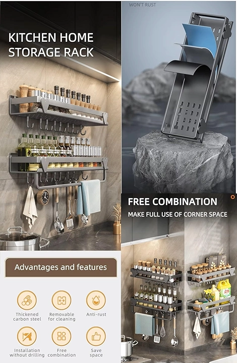 X-XONIER 304 SS Kitchen Bathroom Wall Mount Spice Rack Organizer 60cm Space-Saving Shelf, Set of 2 - Image 3
