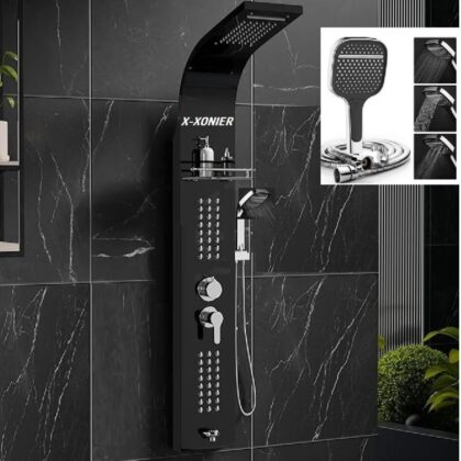 X-XONIER Stainless Steel 304 Grade Shower Panel 5In1+3 way handheld shower set, Tower System, Rainfall Shower, Body Massage Spray, storage