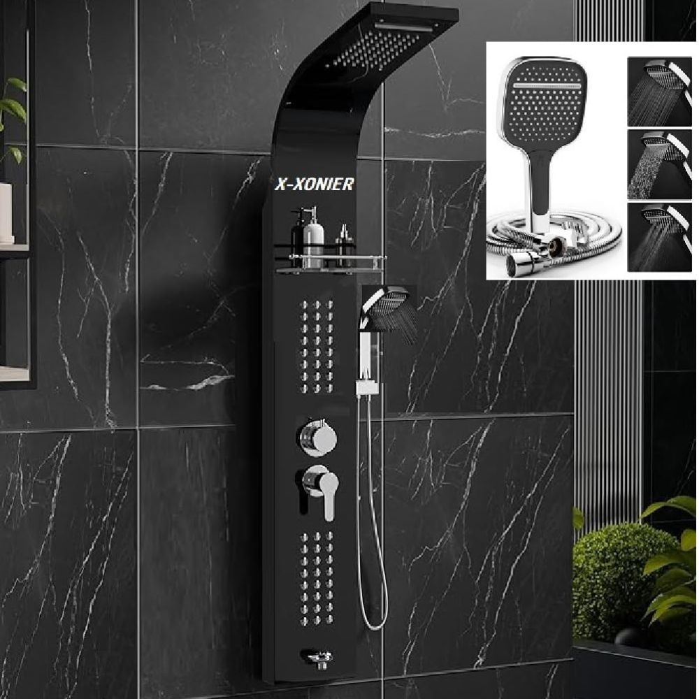 X-XONIER Stainless Steel 304 Grade Shower Panel 5In1+3 way handheld shower set, Tower System, Rainfall Shower, Body Massage Spray, storage
