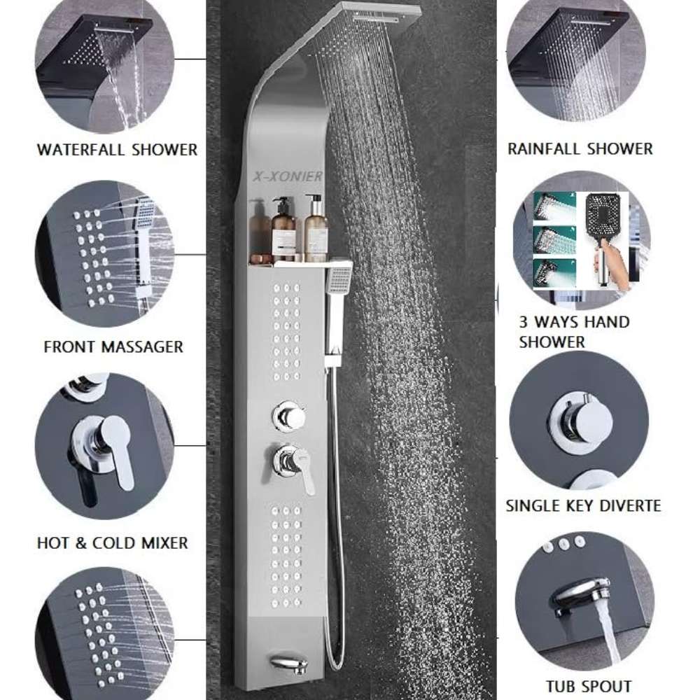 X-XONIER Stainless Steel 304 Grade Shower Panel 5In1+3 way handheld shower set, Tower System, Rainfall Shower, Body Massage Spray, storage shelf Wall Mount Easy Connect Shower Panel Silver - Image 7