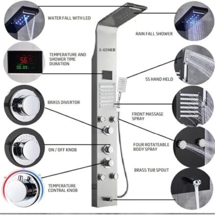 X-XONIER Stainless Steel 6 in 1 Shower Panel Thermostate Tower System