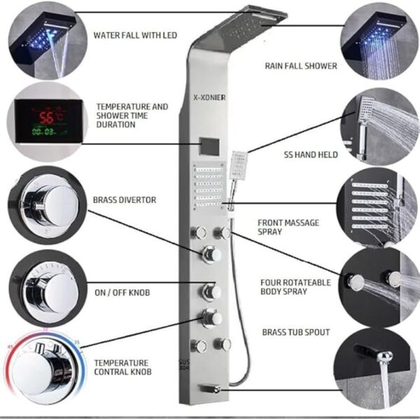 X-XONIER Stainless Steel 6 in 1 Shower Panel Thermostate Tower System