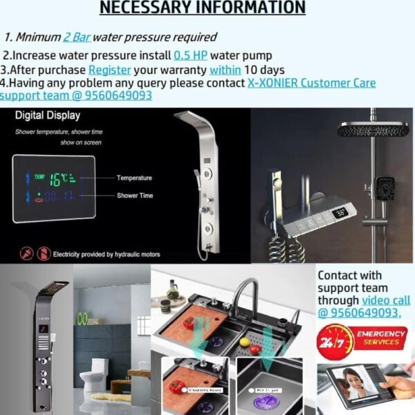 X-XONIER Stainless Steel 304 Grade Shower Panel 5In1+3 way handheld shower set, Tower System, Rainfall Shower, Body Massage Spray, storage
