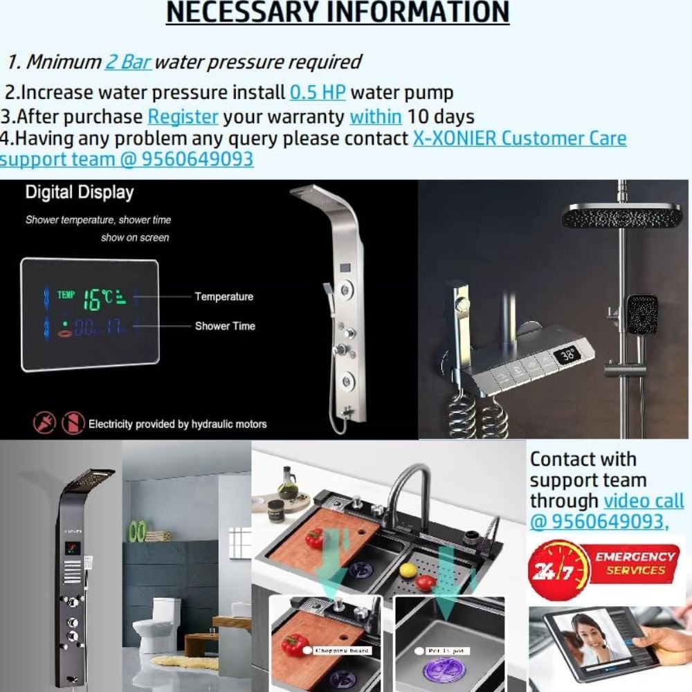 X-XONIER Stainless Steel 304 Grade Shower Panel 5In1+3 way handheld shower set, Tower System, Rainfall Shower, Body Massage Spray, storage