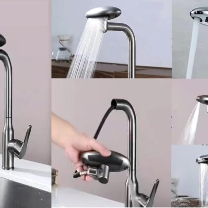 X-XONIER 5-in-1 Faucet, 360° Rotating Single Handle Hot & Cold Mixer, Long Neck for Sink Black