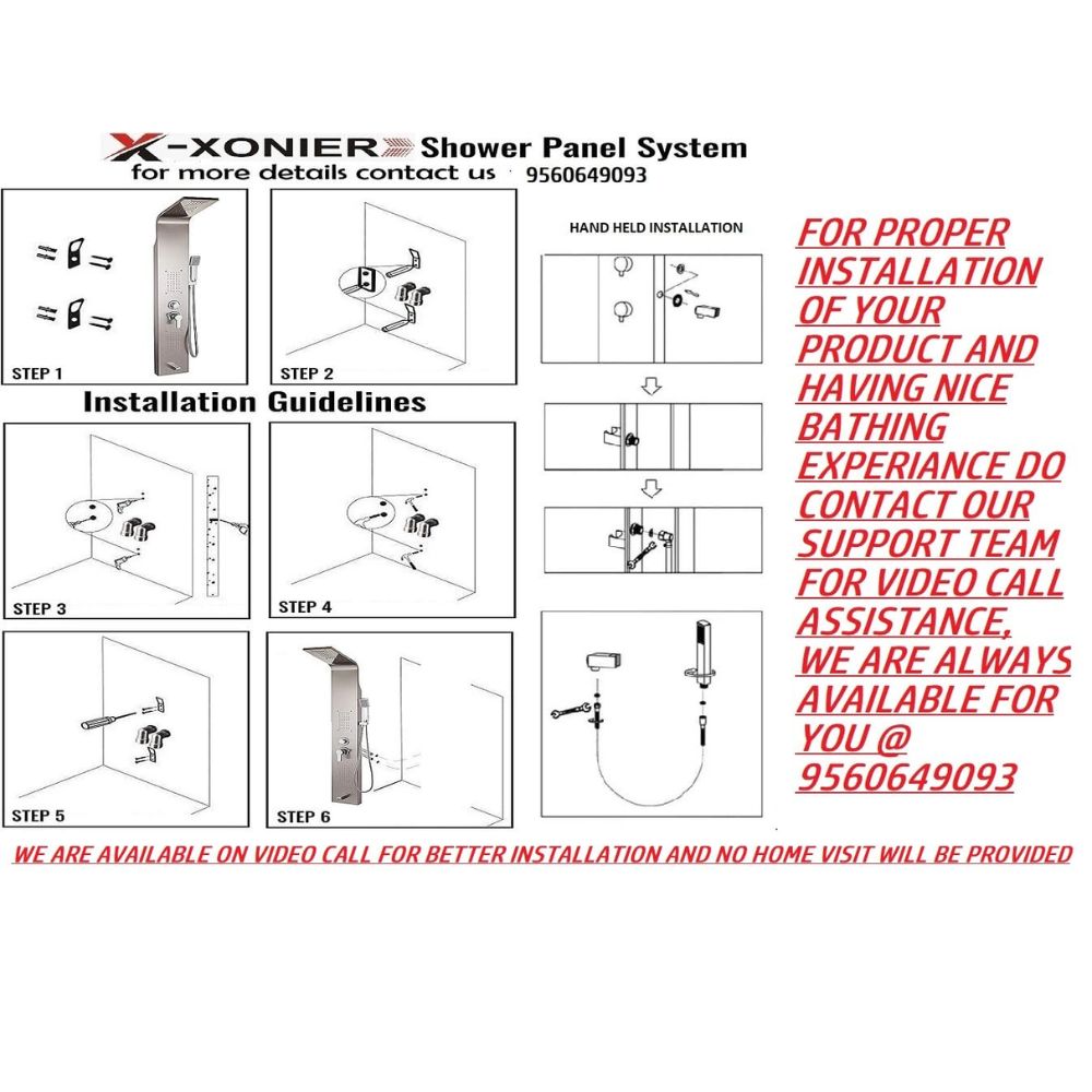 X-XONIER Stainless Steel 304 Grade Shower Panel 5In1+3 way handheld shower set, Tower System, Rainfall Shower, Body Massage Spray, storage