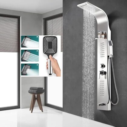 X-XONIER Stainless Steel 304 Grade Shower Panel 5In1+3 way handheld shower set, Tower System, Rainfall Shower, Body Massage Spray, storage shelf Wall Mount Easy Connect Shower Panel Silver
