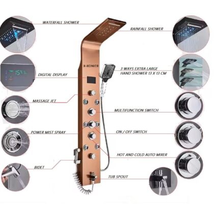 X-XONIER® Stainless Steel 304 Grade Thermostatic Shower Panel 7in1+3 Ways Extra Large HandShower set,Health Faucet With LED Rainfall, Waterfall, Body Massager, 6 Mist Spray Temp. Display (R Gold)