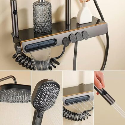 X-XONIER Luxury 5in1 Thermostatic Shower System,front Power Mist Spray,Large Overhead Shower+Extra Large13cm,4Ways Handheld,Hidden Tub Spout,1mode biget,Hot$Cold mixture Shower set shower panel (Gray)