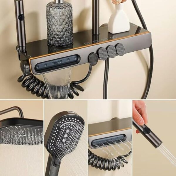 X-XONIER Luxury 5in1 Thermostatic Shower System,front Power Mist Spray,Large Overhead Shower+Extra Large13cm,4Ways Handheld,Hidden Tub Spout,1mode biget,Hot$Cold mixture Shower set shower panel (Gray)