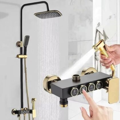 X-XONIER® Black and Gold Thermostatic Shower Panel System, 4-in-1 with Push Switches, Head Shower, Tub Spout, Handheld Bidet (Black Gold)