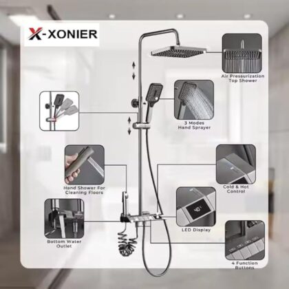 X-XONIER® Digital Thermostatic Brass Shower System, Wall Mount, 4-Function Digital Display with Overhead Rain Shower, 3 Ways Hand Shower, Body Jets, Hidden Tub Spout Hot & Cold Mixer, Grey