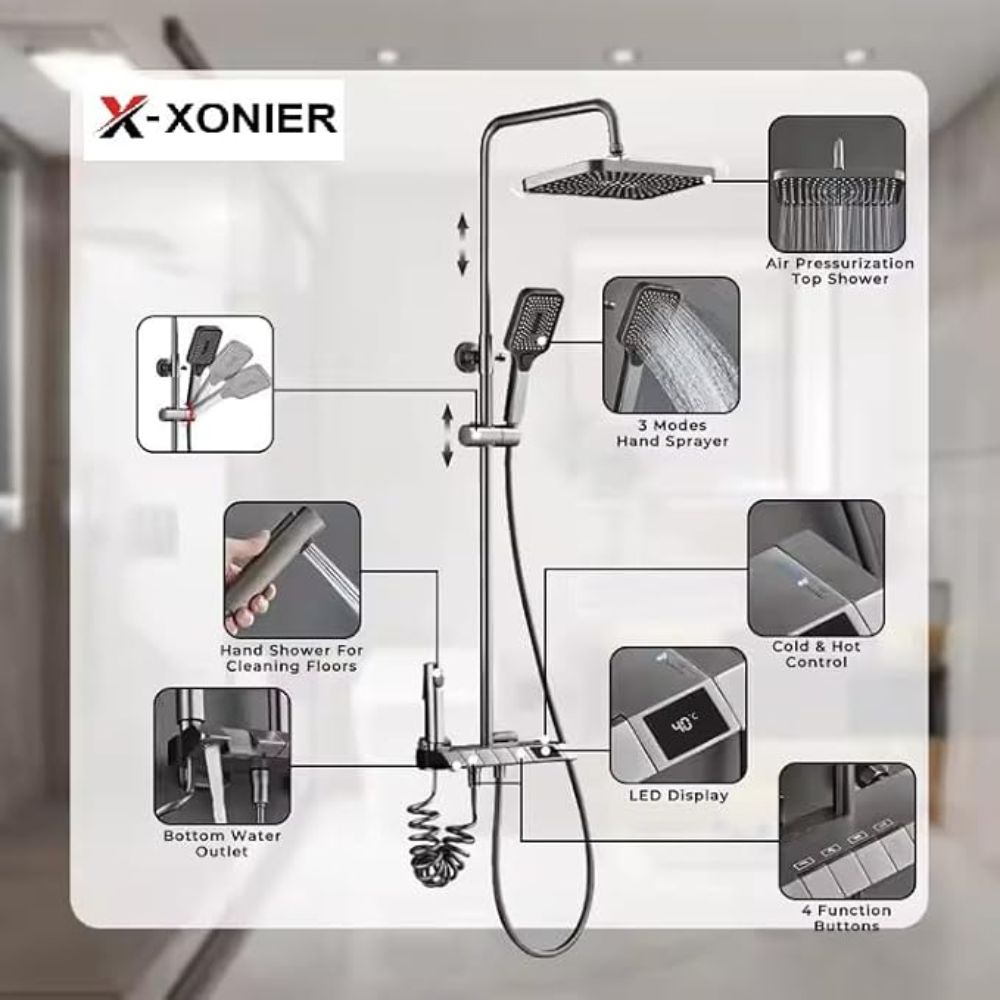 X-XONIER® Digital Thermostatic Brass Shower System, Wall Mount, 4-Function Digital Display with Overhead Rain Shower, 3 Ways Hand Shower, Body Jets, Hidden Tub Spout Hot & Cold Mixer, Grey