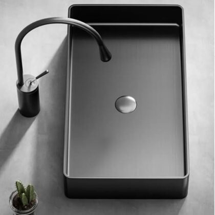 X-XONIER Stainless Steel Wash Basin Countertop Table top Bathroom Sink Washbasin Over Counter for Bathroom Resturent Living room Luxury Matt Black