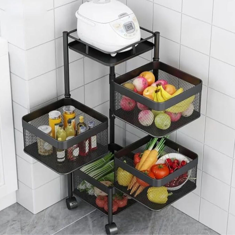 X-XONIER Rotating Kitchen Stand Trolley, Portable Storage Rack, Fruits and Vegetable Basket Organizer for Kitchen (Portable Storage Rack_4TRAY)