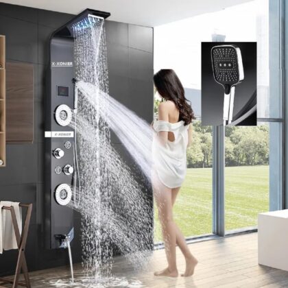 X-XONIER® Stainless Steel 304 Grade Shower Panel 6in1+ Extra Large 3Ways Hand Shower Tower System With LED Rainfall Waterfall Shower 2Body Massage 4Mist