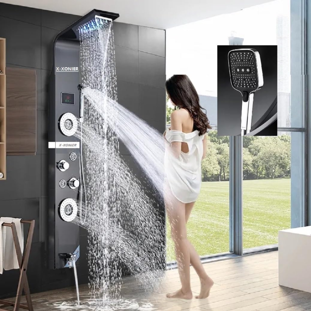X-XONIER® Stainless Steel 304 Grade Shower Panel 6in1+ Extra Large 3Ways Hand Shower Tower System With LED Rainfall Waterfall Shower 2Body Massage 4Mist
