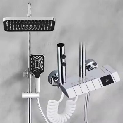 X-XONIER® Brass Wall Mount Thermostatic Shower Set digital display 4 function shower set Shower Mixer Hot & Cold Hand shower overhead Shower Jet Spray Showers For Bathroom