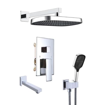 X-XONIER® Modern Bathroom Brass Concealed Shower System Body High Flow 3 Ways Diverter Full Set, 33x23 cm Rainfall Head with 3 ways Hand Shower and Tub Spout, Chrome