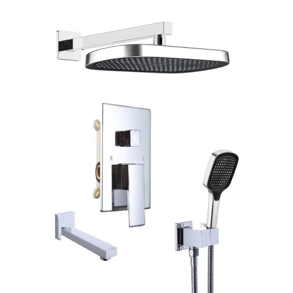 X-XONIER® Modern Bathroom Brass Concealed Shower System Body High Flow 3 Ways Diverter Full Set, 33x23 cm Rainfall Head with 3 ways Hand Shower and Tub Spout, Chrome
