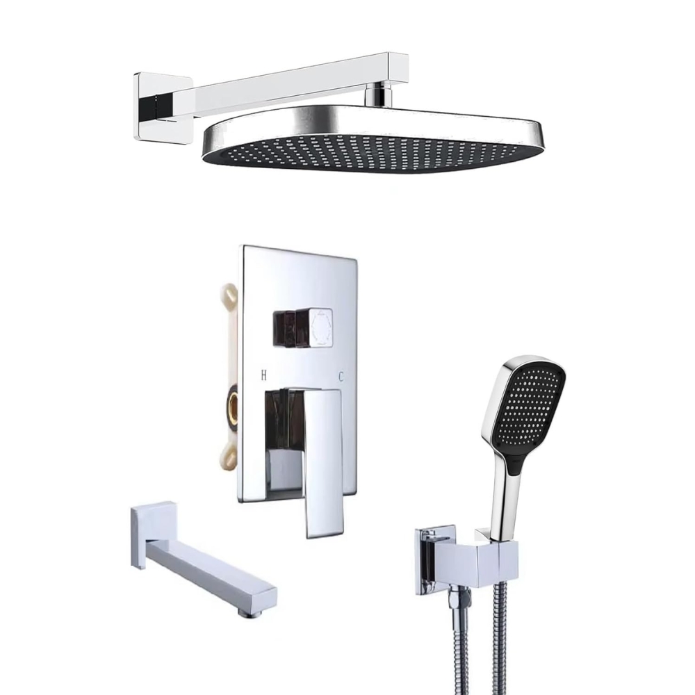 X-XONIER® Modern Bathroom Brass Concealed Shower System Body High Flow 3 Ways Diverter Full Set, 33x23 cm Rainfall Head with 3 ways Hand Shower and Tub Spout, Chrome