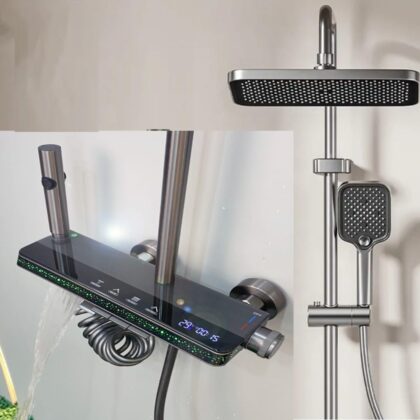 X-XONIER® Luxury thermostate Shower System, 4-in-1shower set with Large Overhead+3 Ways Hand Shower, 1 way biget gun and tub spout, Temperature Dispaly, Star Galaxy LED lights shower panel (grey)