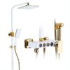X-XONIER White and Gold Thermostatic Shower Panel System, 4-in-1 with Push Switches, Head Shower, Tub Spout, Handheld Bidet (white)