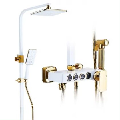 X-XONIER White and Gold Thermostatic Shower Panel System, 4-in-1 with Push Switches, Head Shower, Tub Spout, Handheld Bidet (white)