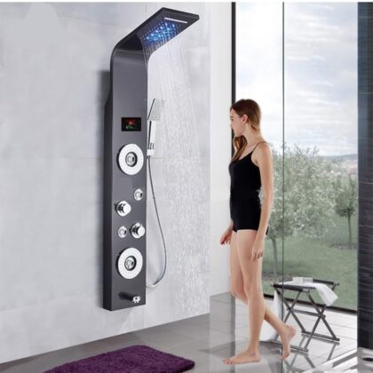 X-XONIER Stainless Steel 304 Grade Shower Panel 6in1 Tower System With LED Rainfall Shower Body Massage Spray SS Handheld Shower Temperature Display Easy Connect Shower Panel Mirror Finish Black