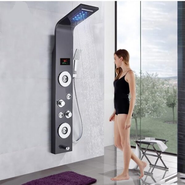 X-XONIER Stainless Steel 304 Grade Shower Panel 6in1 Tower System With LED Rainfall Shower Body Massage Spray SS Handheld Shower Temperature Display Easy Connect Shower Panel Mirror Finish Black