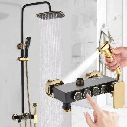 X-XONIER White and Gold Thermostatic Shower Panel System, 4-in-1 with Push Switches, Head Shower, Tub Spout, Handheld Bidet (black)