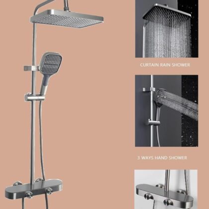 X-XONIER® Luxury Shower System, 3-in-1, Dazzling Large Overhead Shower and 3 Way Multifunction Hand Shower, Hot and Cold Shower set, Mixer Hidden Tub Spout, Panel Gray