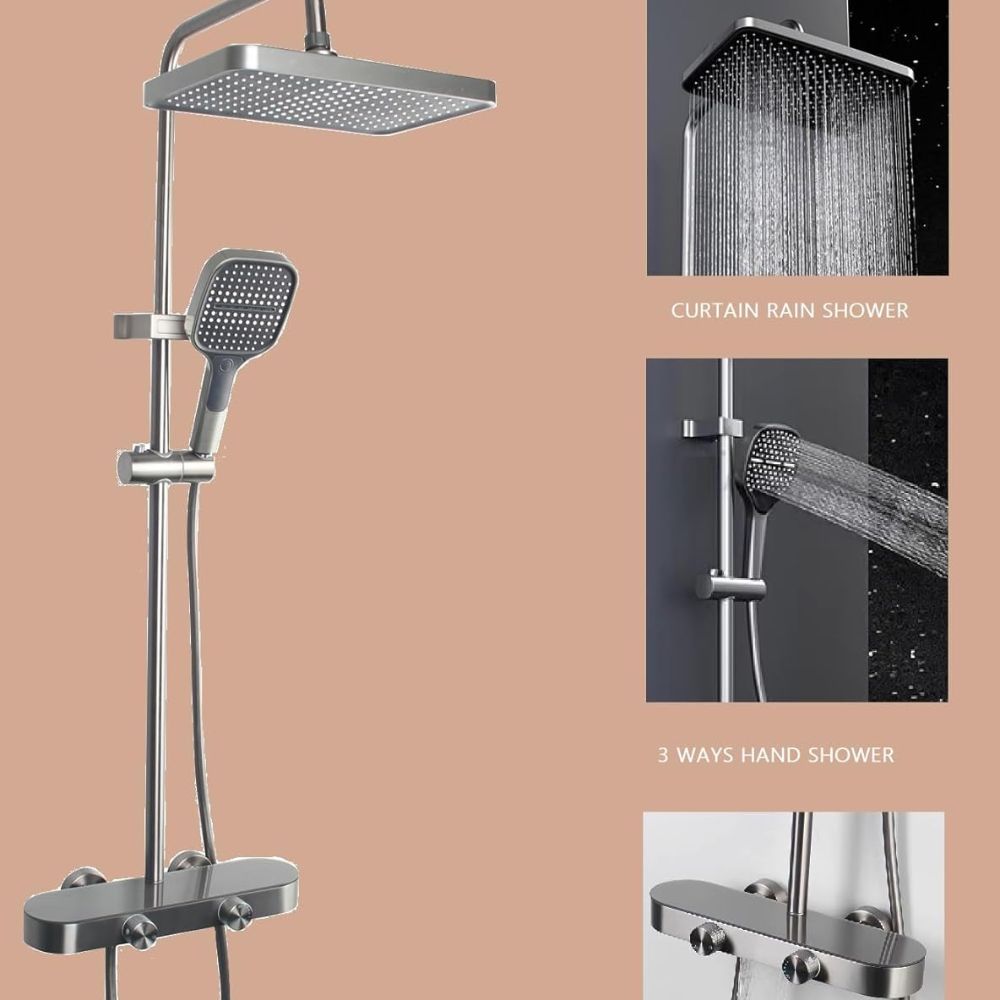 X-XONIER® Luxury Shower System, 3-in-1, Dazzling Large Overhead Shower and 3 Way Multifunction Hand Shower, Hot and Cold Shower set, Mixer Hidden Tub Spout, Panel Gray