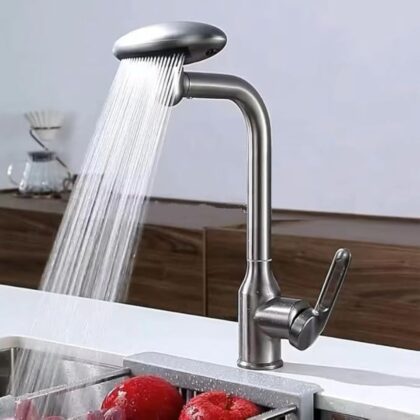 X-XONIER Waterfall 5 in 1 Pull Down Faucet 360° Rotating Single Handel Hot and Cold Mixer Long Neck for Sink Bathroom and Kitchen Black (Black)