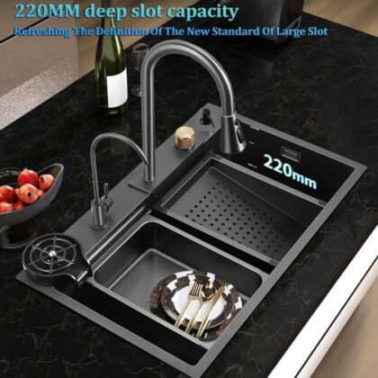 X-XONIER Kitchen Sink All In One 304 Grade Stainless Steel Multipurpose Multifunction 3 Mode Tap with Pullout Feature Glass Washer Soap Disp. Mini Sink Single Bowl Kitchen Sink (30x 20x 9)