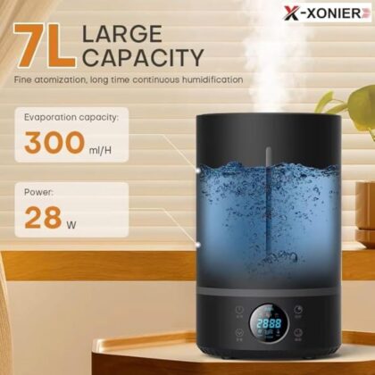 X-XONIER® Ultrasonic Cool Mist Humidifier, 7 Liters, Auto Sensor, Touch Panel Remote Control Mist 360°, Auto Shut Off & Start, Aroma Diffuser, Sleep Mode, Top Filling Elegand Black