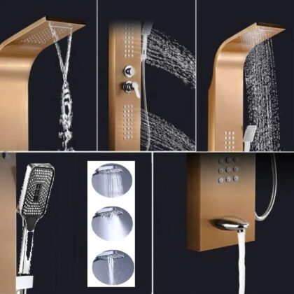 X-XONIER Stainless Steel 304 Grade Shower Panel 5 In 1 Tower System, Rainfall Shower, Body Massage Spray, Handheld, Wall Mount Easy Connect Multifunction Panel Kit, Mirror Finish. (Rose Gold)