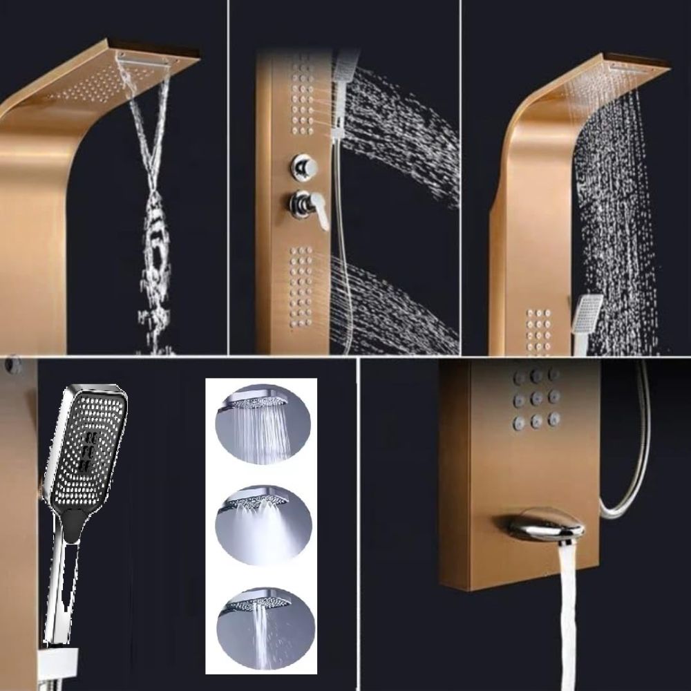 X-XONIER Stainless Steel 304 Grade Shower Panel 5 In 1 Tower System, Rainfall Shower, Body Massage Spray, Handheld, Wall Mount Easy Connect Multifunction Panel Kit, Mirror Finish. (Rose Gold)