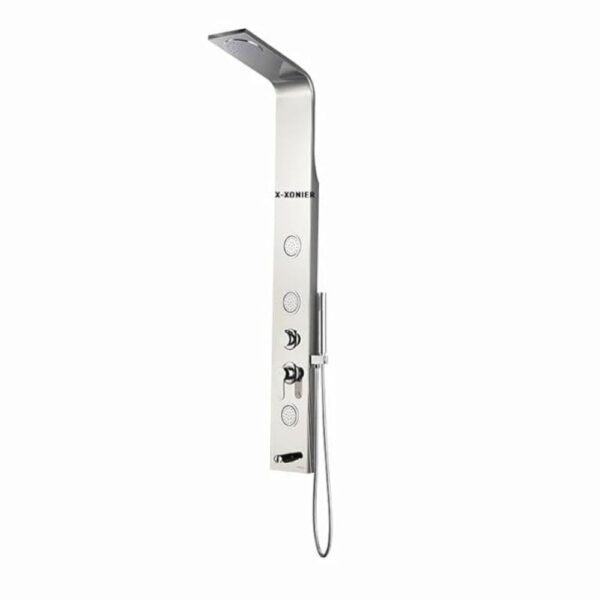 X-XONIER Stainless Steel 304 Grade Shower Panel 4-in-1 Tower System Rainfall Shower Body Massage Spray Handheld Shower Easy Connect Brushed Finish Silver