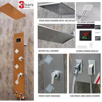 X-XONIER® Stainless Steel 304 Grade shower Panel 6 in 1 Tower System With Led Rainfall Shower Body Massage Spray SSHandheld shower Temperature Display.(Rose Gold)